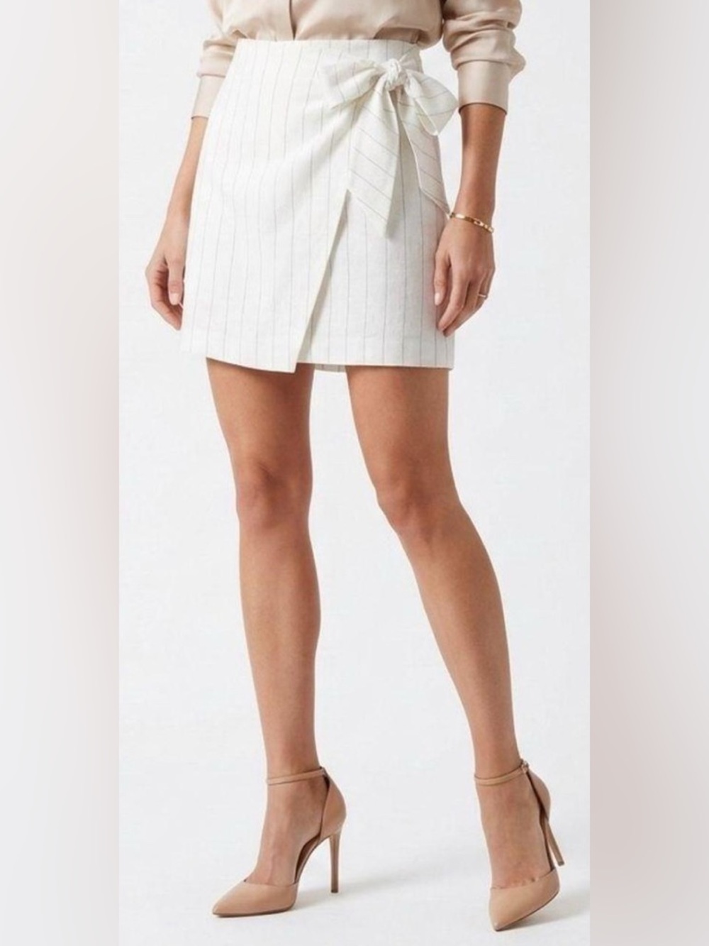Madison D’Amelie White faux Wrap Mini Skirt with Grey Pin Stripes and Tie